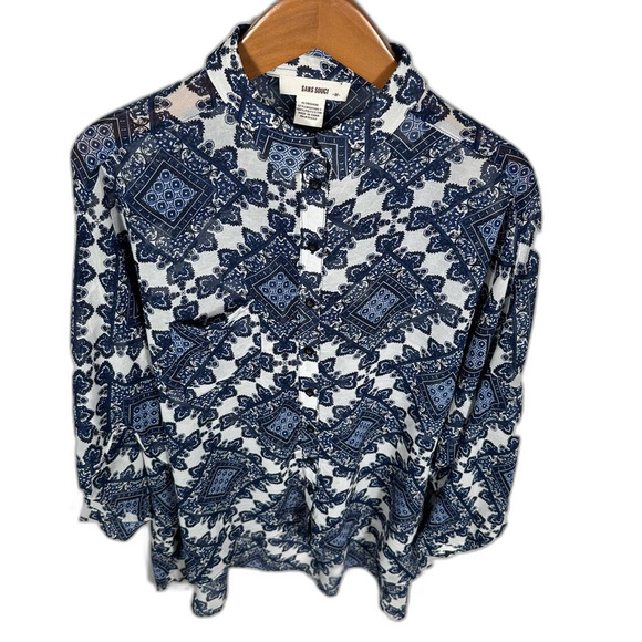 Sans Souci Blue White Paisley Patterned Tunic Button-Up Shirt Size Medium - Picture 16 of 16